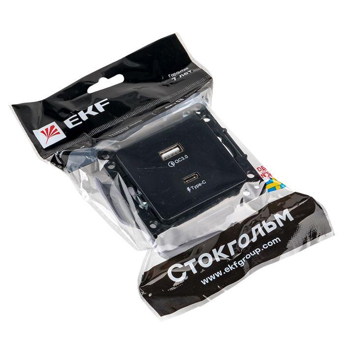 Розетка USB 2-м Стокгольм тип A+C механизм черн. PROxima EKF EZR-2USB-type-C 2