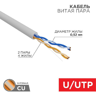 Кабель витая пара U/UTP кат.5e 2х2х24AWG LSZH нг(А)-HF INDOOR SOLID сер. (305м) PRO Rexant 02-0002